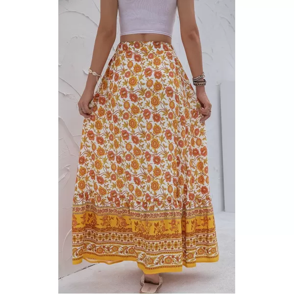 imagechouyatou Womens Boho Elastic Waist ALine Floral Print Maxi Skirt Front SplitYellow