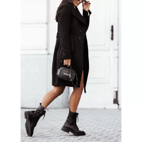 imagechouyatou Womens Business Casual Single Breasted Wool Coat Shawl Collar Midi Long Winter Pea Coat with BeltBlack