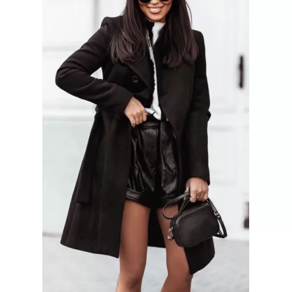 imagechouyatou Womens Business Casual Single Breasted Wool Coat Shawl Collar Midi Long Winter Pea Coat with BeltBlack
