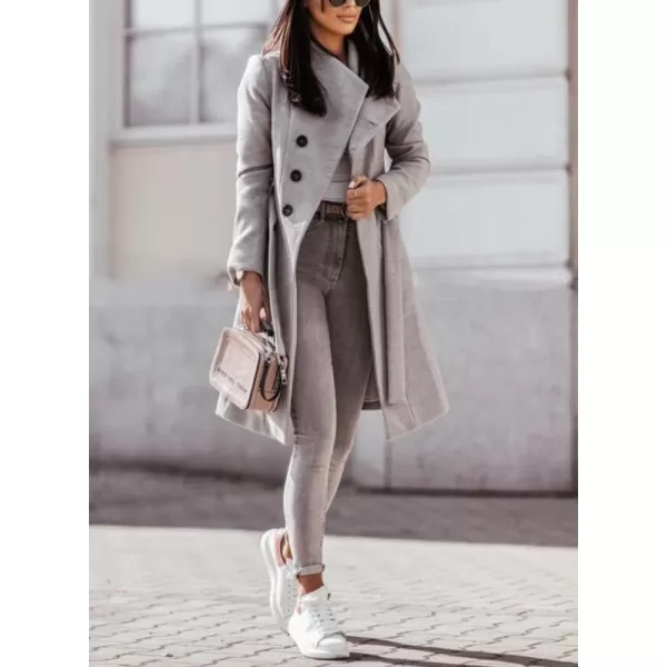 imagechouyatou Womens Business Casual Single Breasted Wool Coat Shawl Collar Midi Long Winter Pea Coat with BeltGrey