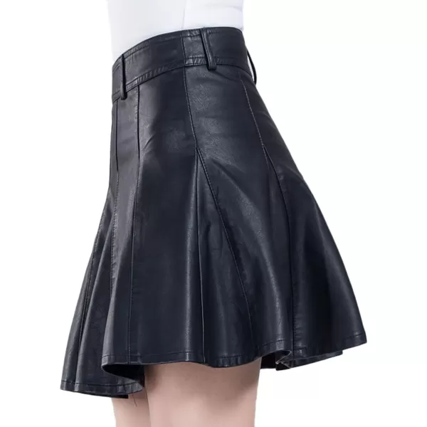 imagechouyatou Womens Casual Side Zipper Flare Pleated Faux Leather Skater SkirtsBlack