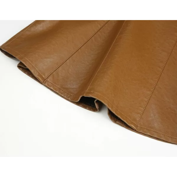 imagechouyatou Womens Casual Side Zipper Flare Pleated Faux Leather Skater SkirtsBrown