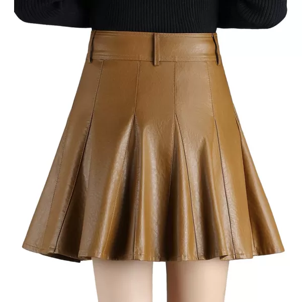 imagechouyatou Womens Casual Side Zipper Flare Pleated Faux Leather Skater SkirtsBrown