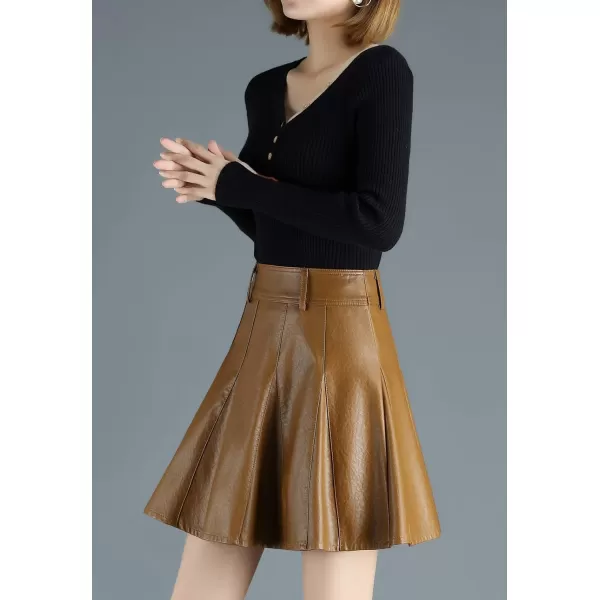 imagechouyatou Womens Casual Side Zipper Flare Pleated Faux Leather Skater SkirtsBrown