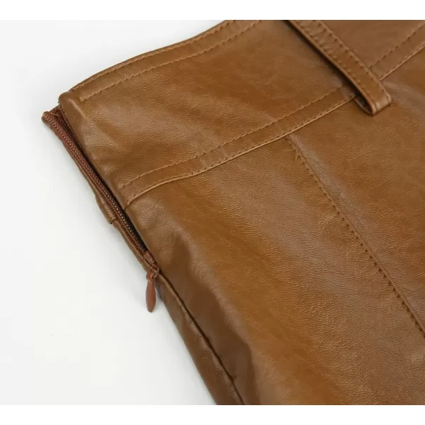 imagechouyatou Womens Casual Side Zipper Flare Pleated Faux Leather Skater SkirtsBrown