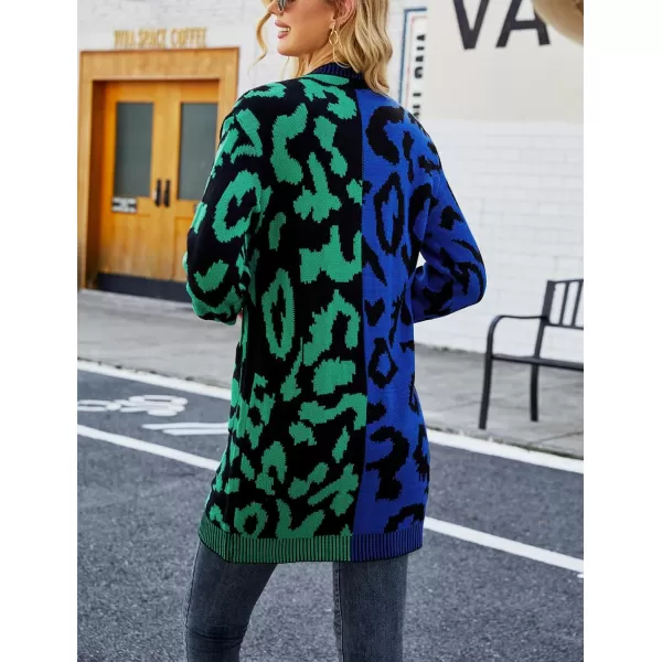 imagechouyatou Womens Color Block Leopard Print Button Down Long Knit Cardigan Sweaters with PocketsGreen