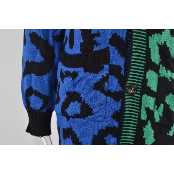 imagechouyatou Womens Color Block Leopard Print Button Down Long Knit Cardigan Sweaters with PocketsGreen