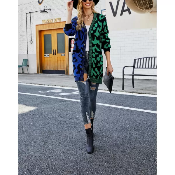 imagechouyatou Womens Color Block Leopard Print Button Down Long Knit Cardigan Sweaters with PocketsGreen
