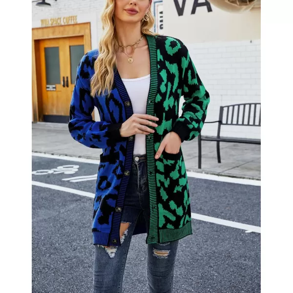 imagechouyatou Womens Color Block Leopard Print Button Down Long Knit Cardigan Sweaters with PocketsGreen