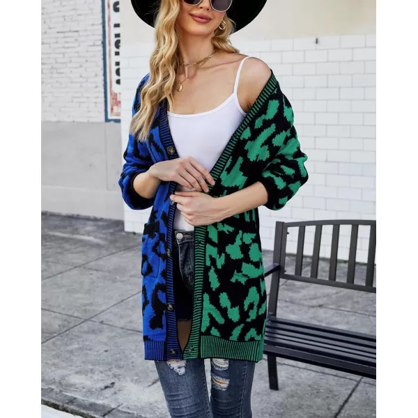 imagechouyatou Womens Color Block Leopard Print Button Down Long Knit Cardigan Sweaters with PocketsGreen