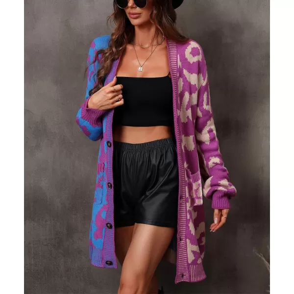 imagechouyatou Womens Color Block Leopard Print Button Down Long Knit Cardigan Sweaters with PocketsPurple