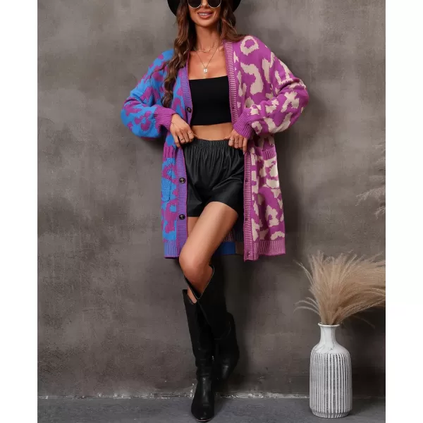 imagechouyatou Womens Color Block Leopard Print Button Down Long Knit Cardigan Sweaters with PocketsPurple