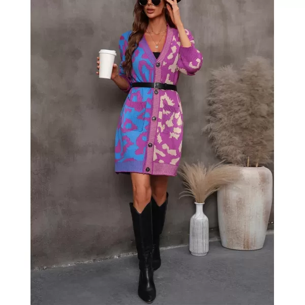 imagechouyatou Womens Color Block Leopard Print Button Down Long Knit Cardigan Sweaters with PocketsPurple