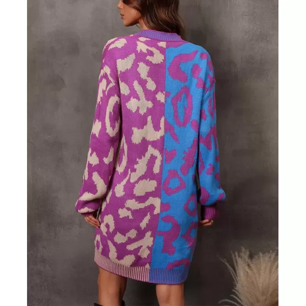 imagechouyatou Womens Color Block Leopard Print Button Down Long Knit Cardigan Sweaters with PocketsPurple