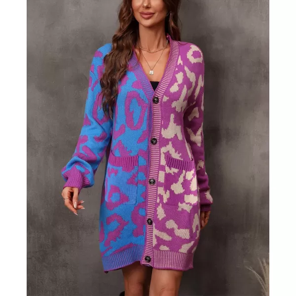 imagechouyatou Womens Color Block Leopard Print Button Down Long Knit Cardigan Sweaters with PocketsPurple