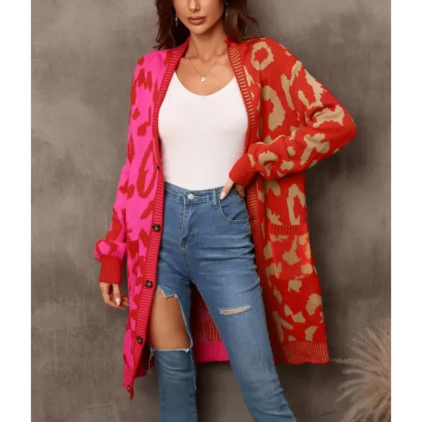 imagechouyatou Womens Color Block Leopard Print Button Down Long Knit Cardigan Sweaters with PocketsRose Red