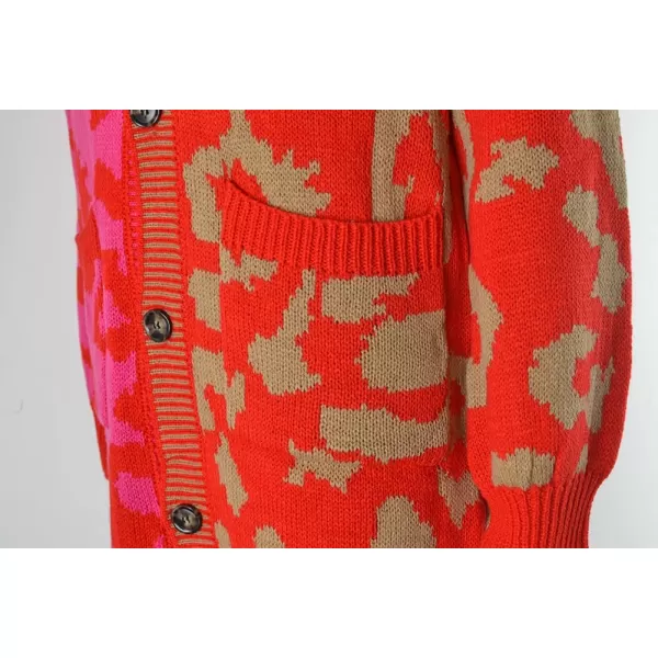 imagechouyatou Womens Color Block Leopard Print Button Down Long Knit Cardigan Sweaters with PocketsRose Red