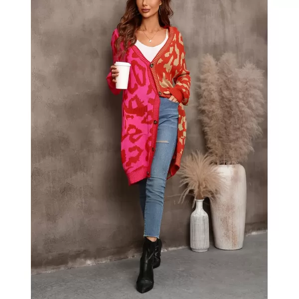imagechouyatou Womens Color Block Leopard Print Button Down Long Knit Cardigan Sweaters with PocketsRose Red