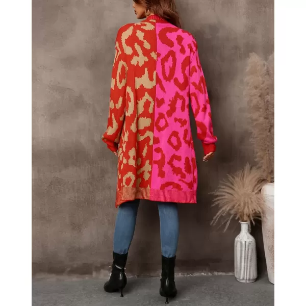 imagechouyatou Womens Color Block Leopard Print Button Down Long Knit Cardigan Sweaters with PocketsRose Red