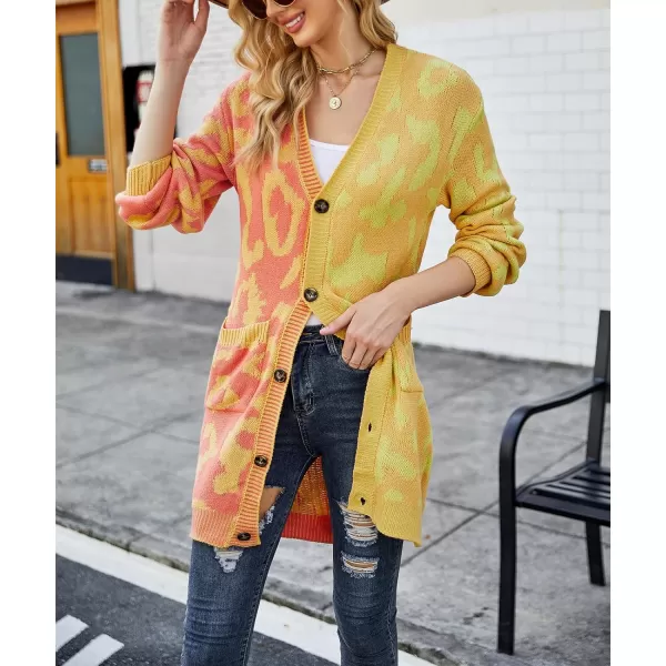 imagechouyatou Womens Color Block Leopard Print Button Down Long Knit Cardigan Sweaters with PocketsYellow