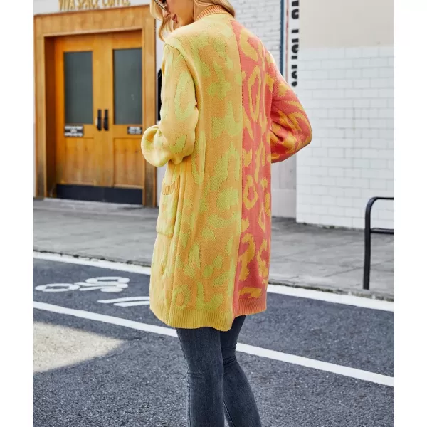 imagechouyatou Womens Color Block Leopard Print Button Down Long Knit Cardigan Sweaters with PocketsYellow