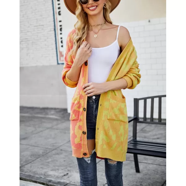 imagechouyatou Womens Color Block Leopard Print Button Down Long Knit Cardigan Sweaters with PocketsYellow