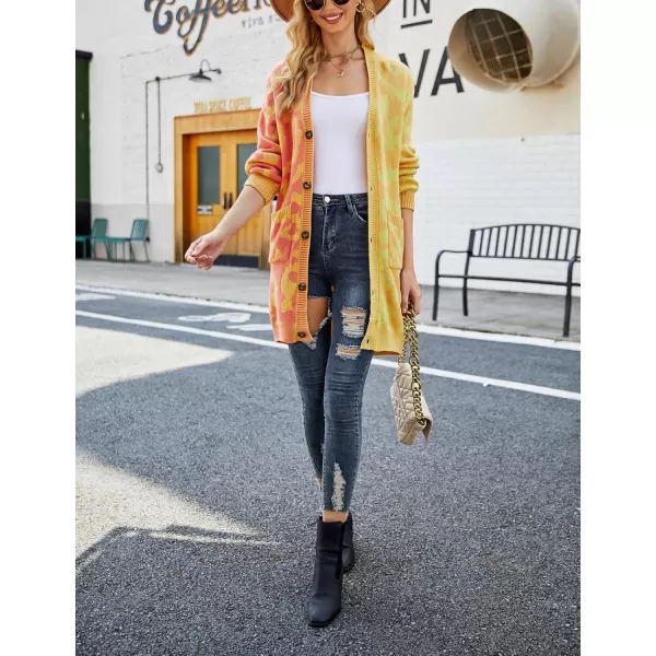 imagechouyatou Womens Color Block Leopard Print Button Down Long Knit Cardigan Sweaters with PocketsYellow