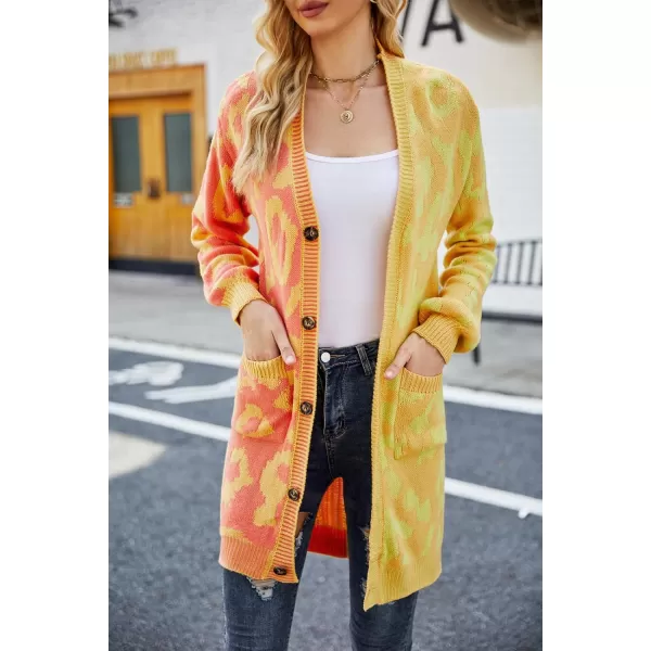 imagechouyatou Womens Color Block Leopard Print Button Down Long Knit Cardigan Sweaters with PocketsYellow