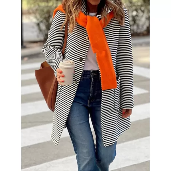 imagechouyatou Womens Color Block Striped Hooded Cardigan Sweaters Button Down Long Coatigan Jackets with PocketsBlack