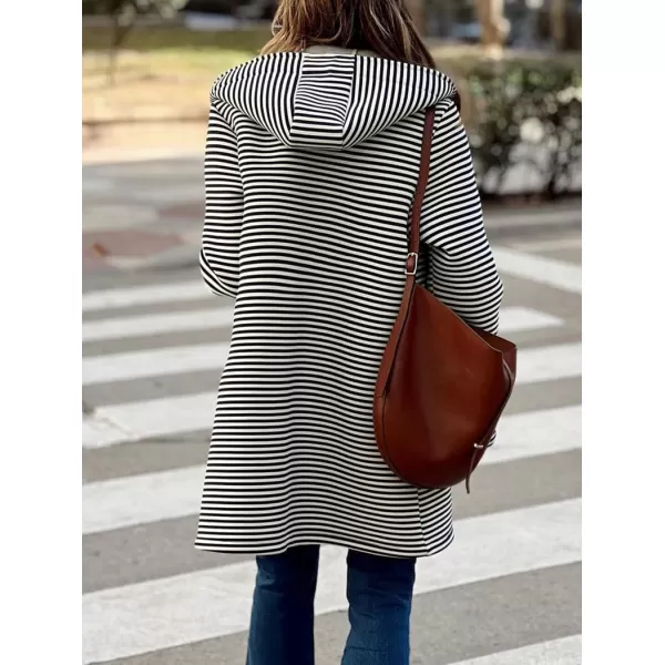 imagechouyatou Womens Color Block Striped Hooded Cardigan Sweaters Button Down Long Coatigan Jackets with PocketsBlack