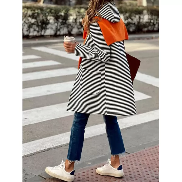 imagechouyatou Womens Color Block Striped Hooded Cardigan Sweaters Button Down Long Coatigan Jackets with PocketsBlack