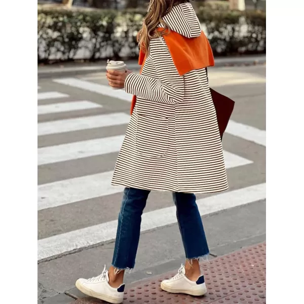imagechouyatou Womens Color Block Striped Hooded Cardigan Sweaters Button Down Long Coatigan Jackets with PocketsBrown