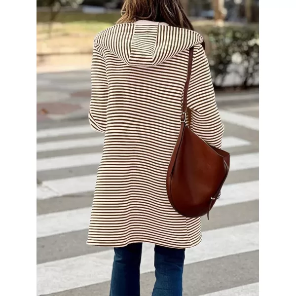 imagechouyatou Womens Color Block Striped Hooded Cardigan Sweaters Button Down Long Coatigan Jackets with PocketsBrown