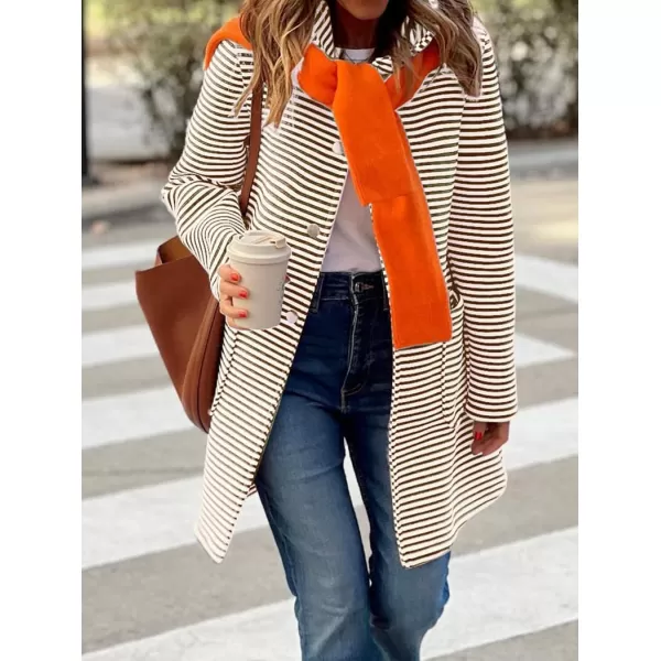 imagechouyatou Womens Color Block Striped Hooded Cardigan Sweaters Button Down Long Coatigan Jackets with PocketsBrown