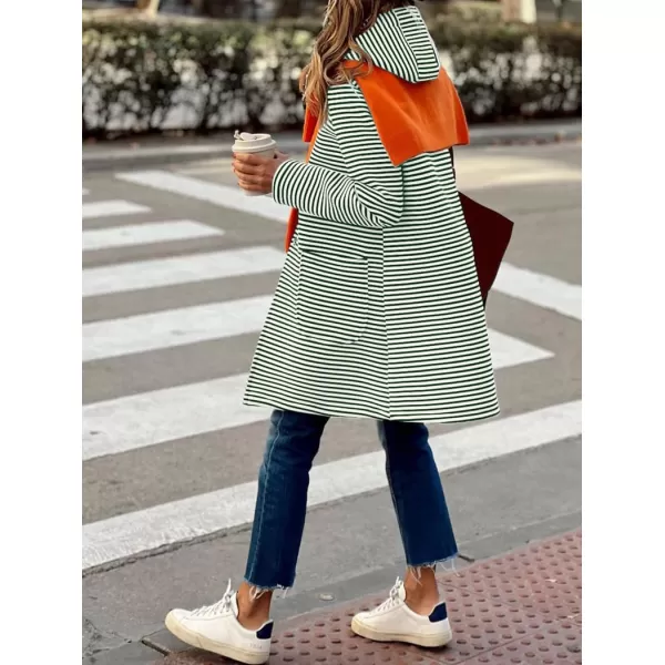 imagechouyatou Womens Color Block Striped Hooded Cardigan Sweaters Button Down Long Coatigan Jackets with PocketsGreen
