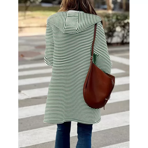 imagechouyatou Womens Color Block Striped Hooded Cardigan Sweaters Button Down Long Coatigan Jackets with PocketsGreen
