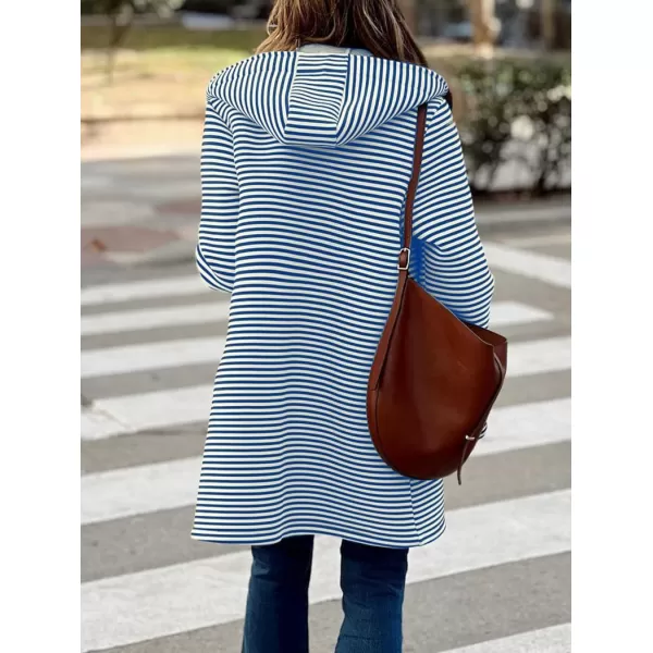 imagechouyatou Womens Color Block Striped Hooded Cardigan Sweaters Button Down Long Coatigan Jackets with PocketsNavy Blue