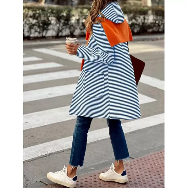 imagechouyatou Womens Color Block Striped Hooded Cardigan Sweaters Button Down Long Coatigan Jackets with PocketsNavy Blue