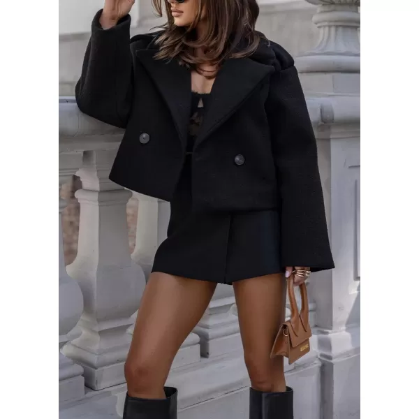imagechouyatou Womens Cropped Wool Coat Notch Lapel Blazer Jacket Business Casual Winter Wool Blend Pea CoatBlack