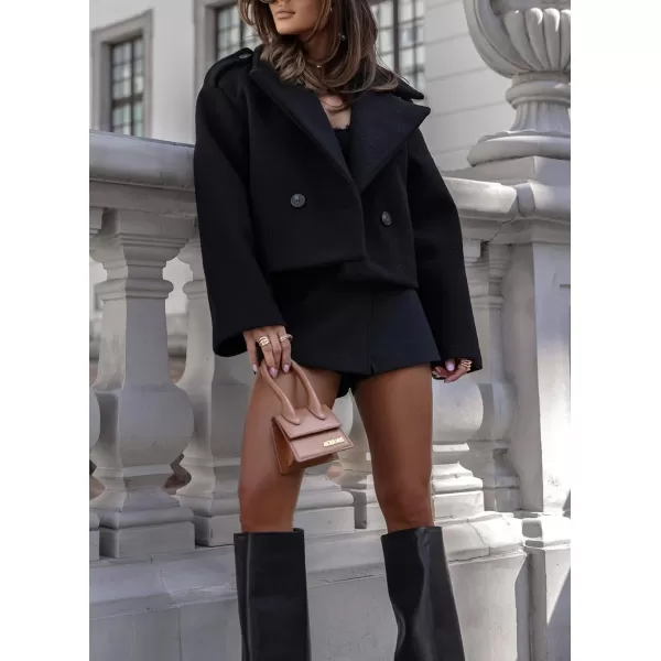 imagechouyatou Womens Cropped Wool Coat Notch Lapel Blazer Jacket Business Casual Winter Wool Blend Pea CoatBlack
