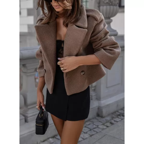 imagechouyatou Womens Cropped Wool Coat Notch Lapel Blazer Jacket Business Casual Winter Wool Blend Pea CoatCoffee