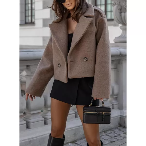 imagechouyatou Womens Cropped Wool Coat Notch Lapel Blazer Jacket Business Casual Winter Wool Blend Pea CoatCoffee