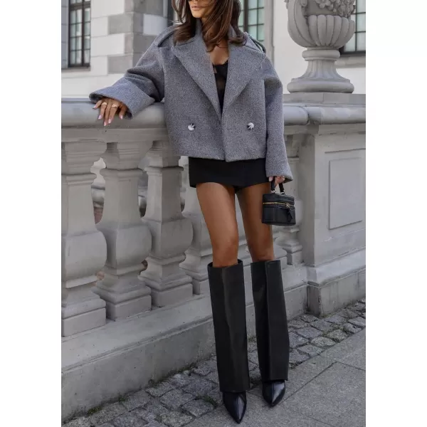 imagechouyatou Womens Cropped Wool Coat Notch Lapel Blazer Jacket Business Casual Winter Wool Blend Pea CoatGrey