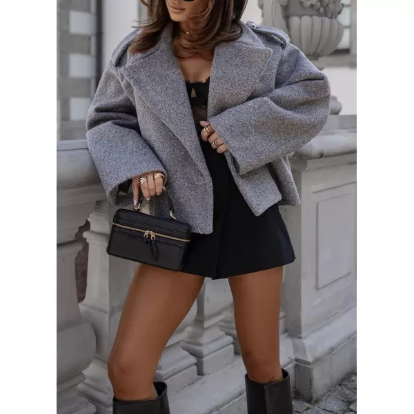 imagechouyatou Womens Cropped Wool Coat Notch Lapel Blazer Jacket Business Casual Winter Wool Blend Pea CoatGrey