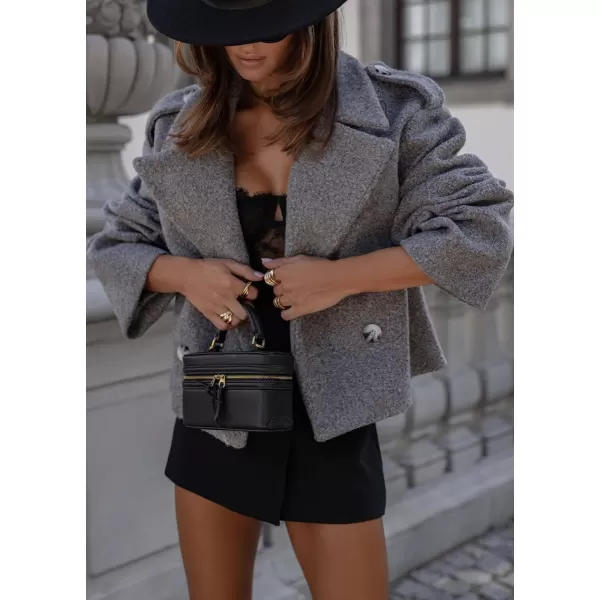 imagechouyatou Womens Cropped Wool Coat Notch Lapel Blazer Jacket Business Casual Winter Wool Blend Pea CoatGrey