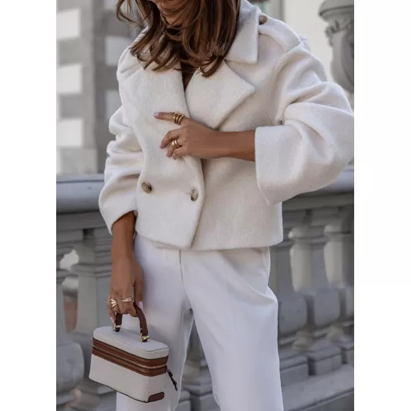 imagechouyatou Womens Cropped Wool Coat Notch Lapel Blazer Jacket Business Casual Winter Wool Blend Pea CoatWhite