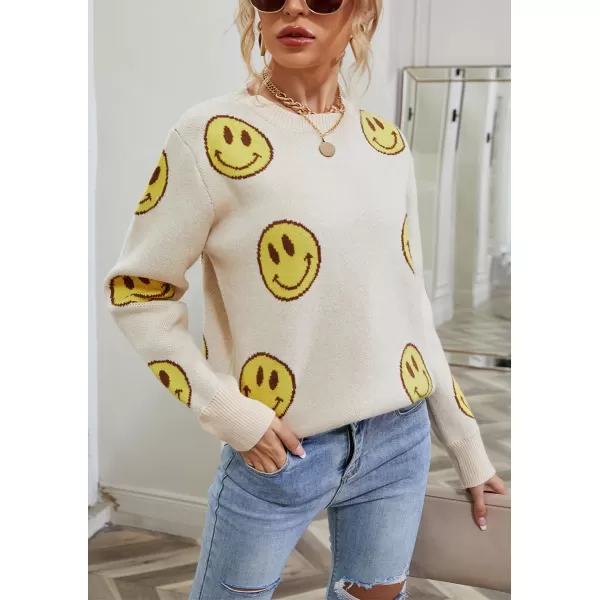 imagechouyatou Womens Cute Smile Face Jacquard Knitted Sweater Loose Fit Crewneck Pullover Jumper TopsApricot