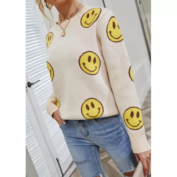 imagechouyatou Womens Cute Smile Face Jacquard Knitted Sweater Loose Fit Crewneck Pullover Jumper TopsApricot