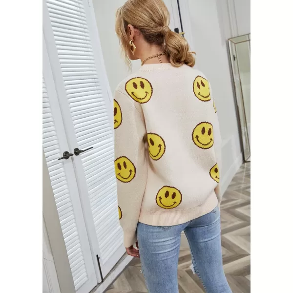 imagechouyatou Womens Cute Smile Face Jacquard Knitted Sweater Loose Fit Crewneck Pullover Jumper TopsApricot