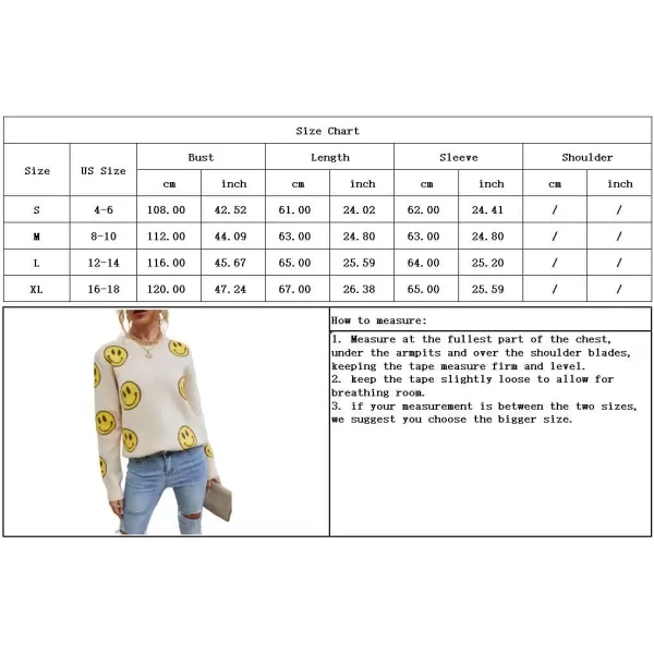 imagechouyatou Womens Cute Smile Face Jacquard Knitted Sweater Loose Fit Crewneck Pullover Jumper TopsApricot